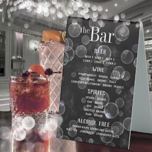 Black & White Bokeh Bubbles Bar Menu Table Tent