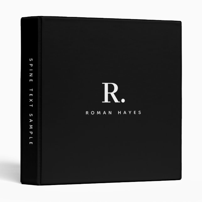 Black White Bold Dot Monogram Modern Minimalist 3 Ring Binder (Front/Spine)