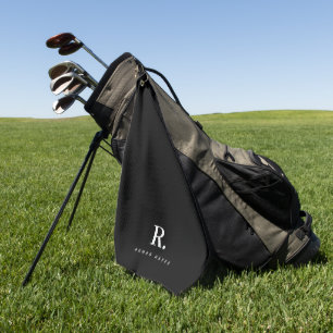 Black White Bold Dot Monogram Modern Minimalist Golf Towel