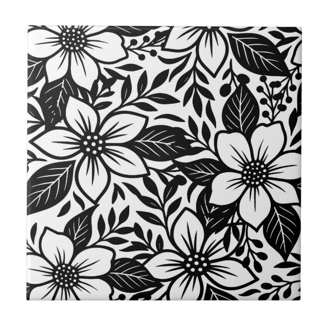Black & White Bold Modern Floral Bloom  Ceramic Tile (Front)