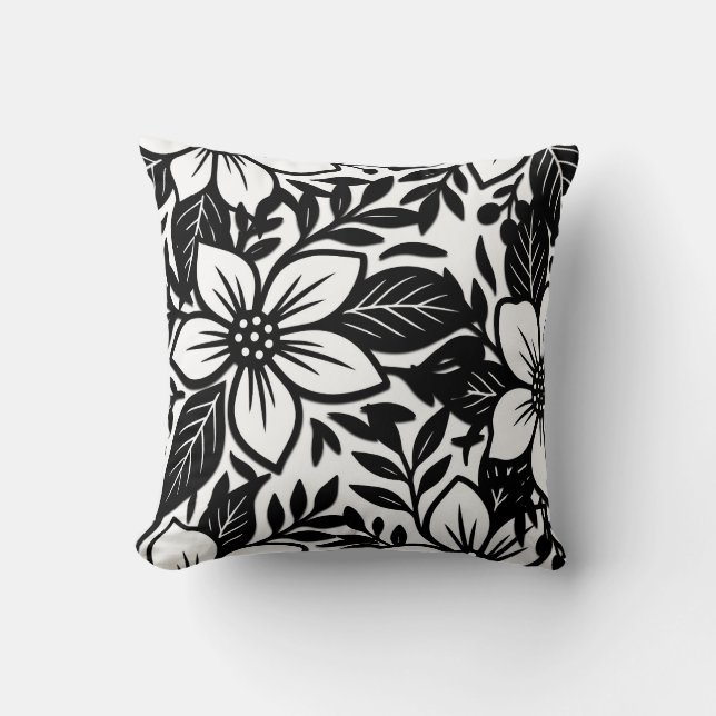 Black & White Bold Modern Floral Bloom  Throw Pillow (Front)