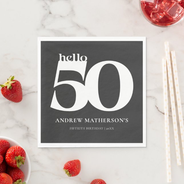 Black White Bold Modern Hello 50 Birthday Party Napkins (Insitu)
