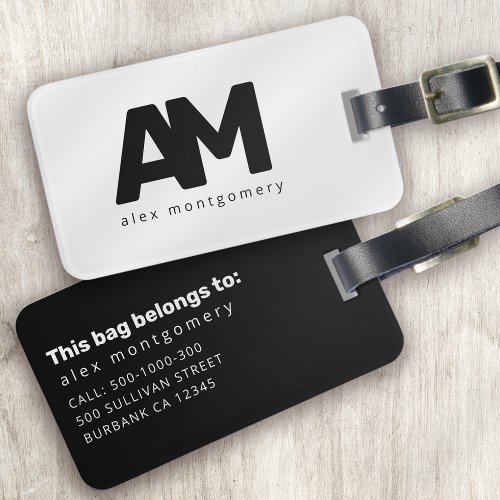 Black White Bold Monogram Masculine Luggage Tag