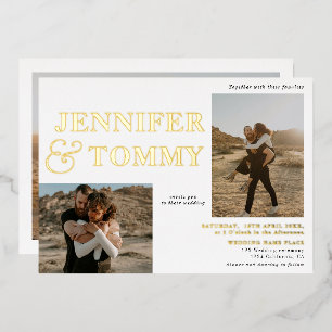 Black white bold names gold 3 photos wedding foil invitation