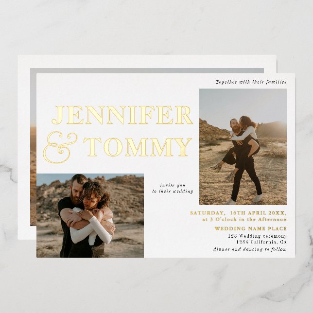 Black white bold names gold 3 photos wedding foil invitation (Front/Back)