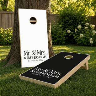 Black White Bold Typopgraphy Mr Mrs Wedding Cornhole Set