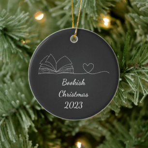 Black & White Book Lover Line Art, Dark Ceramic Ornament