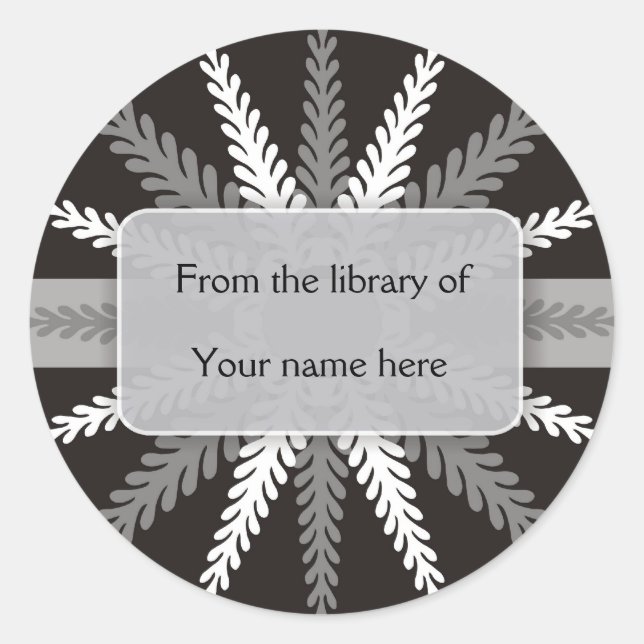 Black White Bookplates-Silver Gray Snowflake Classic Round Sticker (Front)