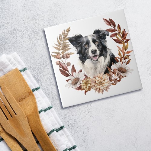 Black White Border Collie Dog Autumn Wreath Ceramic Tile