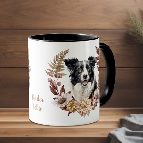 Black White Border Collie Dog Autumn Wreath Mug