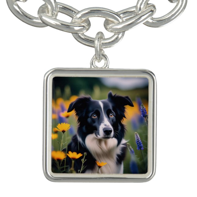 Black & White Border Collie Picture Dog Lover's Bracelet (Design)
