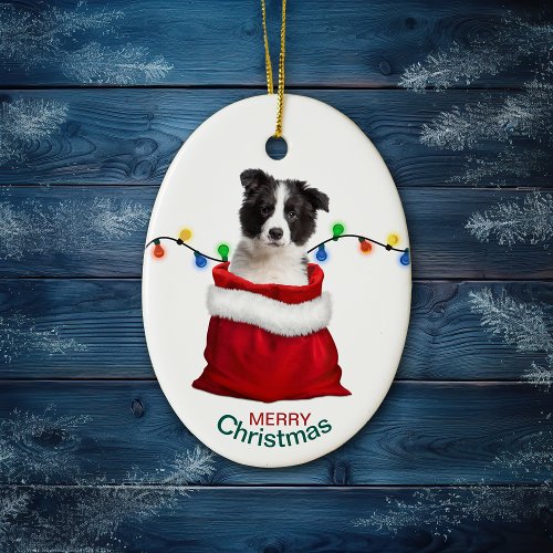 Black White Border Collie Pup in Holiday Gift Bag Ceramic Ornament
