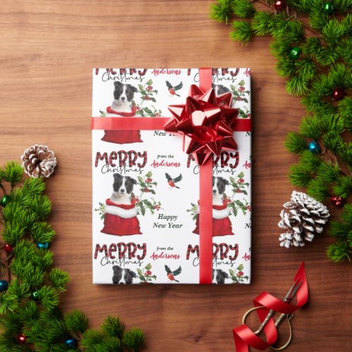 Black White Border Collie Puppy Christmas Gift Bag Wrapping Paper