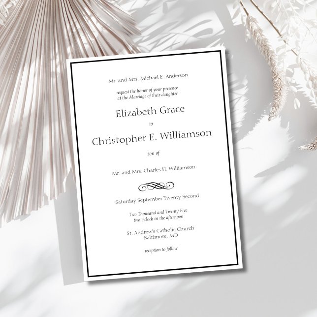 Black White Border Minimal Modern Formal Wedding Invitation (Black border minimalist traditional classic formal, both parents elegant wedding invitation)