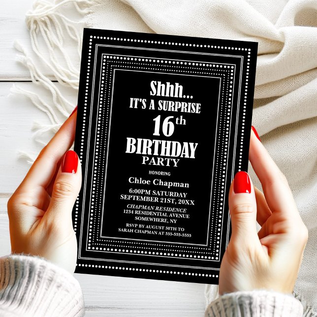 Black White Border Surprise 16th Birthday Party Invitation (Creator Uploaded)
