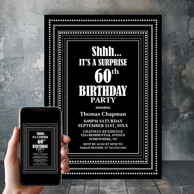 Black White Border Surprise 60th Birthday Party Invitation (Creator Uploaded)