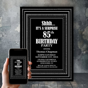 Black White Border Surprise 85th Birthday Party Invitation