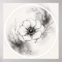 Black White Botanical Anemone Flower