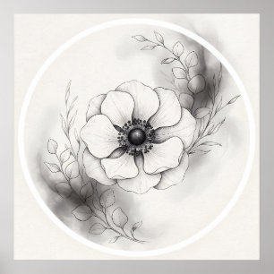 Black White Botanical Anemone Flower Poster