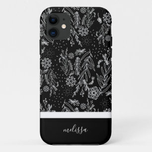 Black White Botanical Doodle Pattern Signature iPhone 11 Case