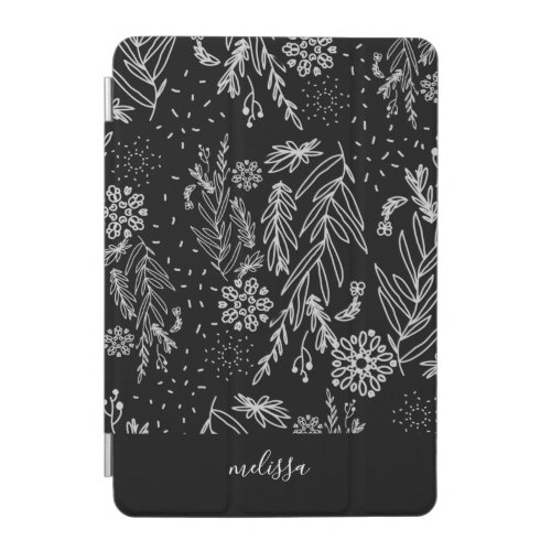 Black White Botanical Doodle Pattern Signature iPad Mini Cover