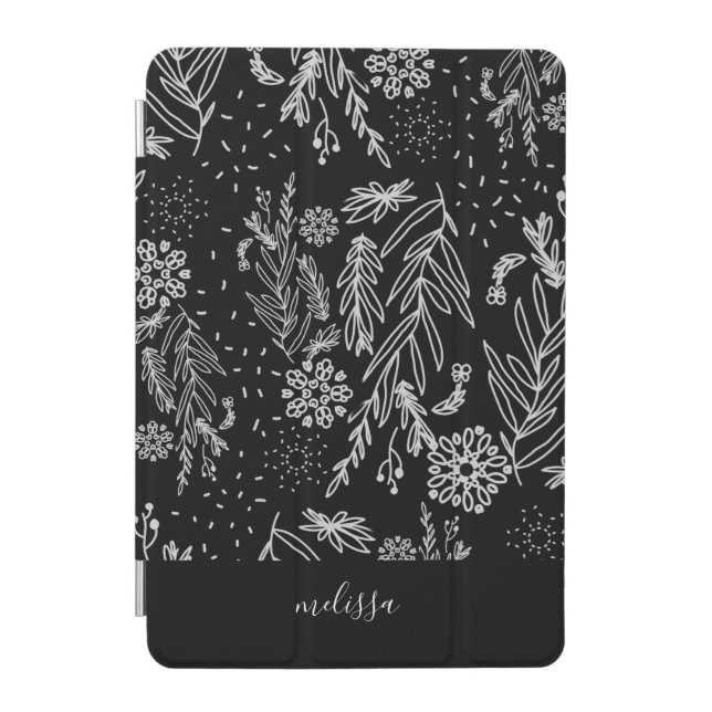 Black White Botanical Doodle Pattern Signature iPad Mini Cover (Front)