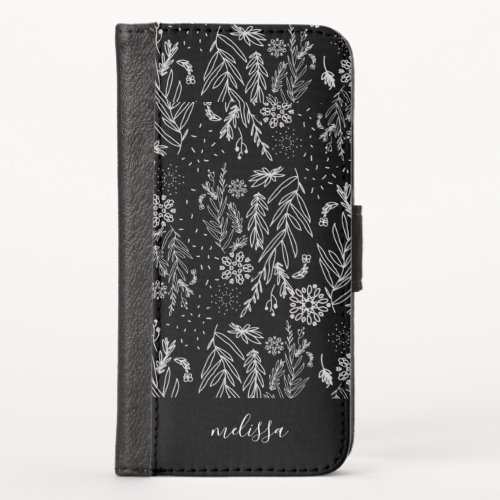 Black White Botanical Doodle Pattern Signature iPhone X Wallet Case