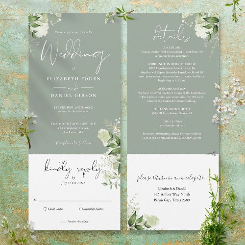 Black White Botanical Floral All In One Wedding  Invitation