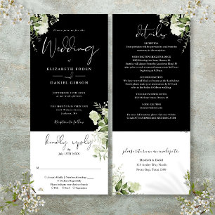 Black White Botanical Floral All In One Wedding  Invitation