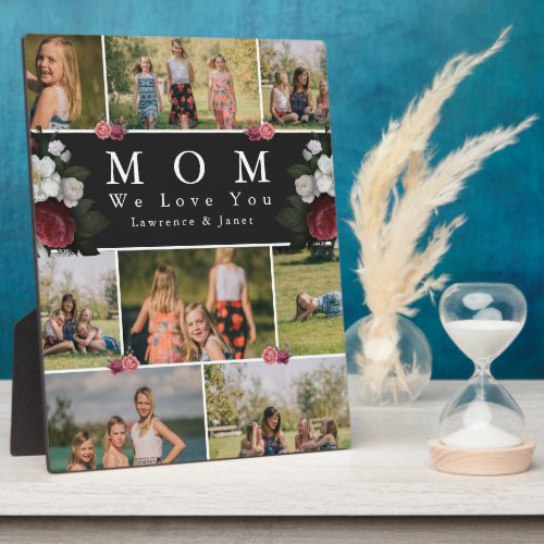 Black  White Botanical Floral Mom 8 Photo Collage Plaque