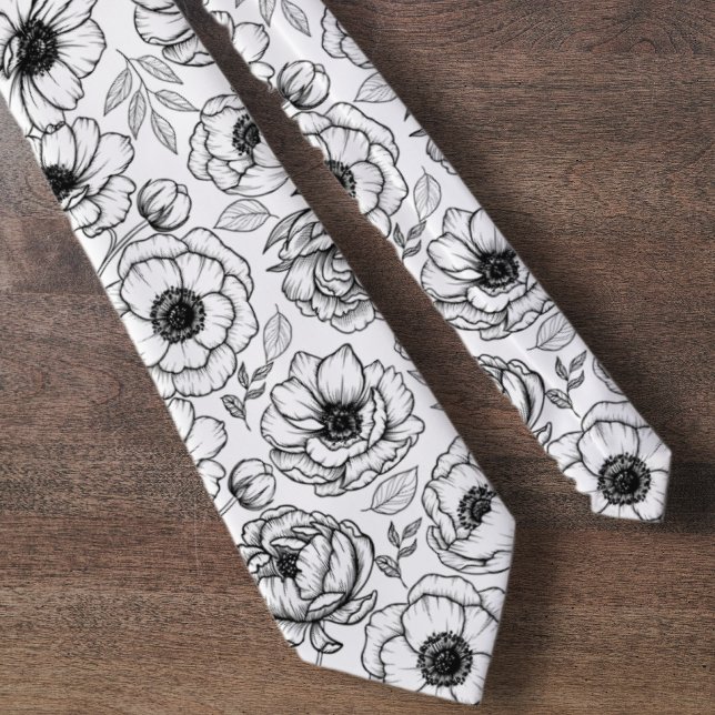 Black White Botanical Floral Pattern Neck Tie (Black White Botanical Floral Pattern neck tie)