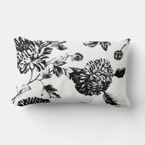 Black  White Botanical Floral Toile Lumbar Pillow