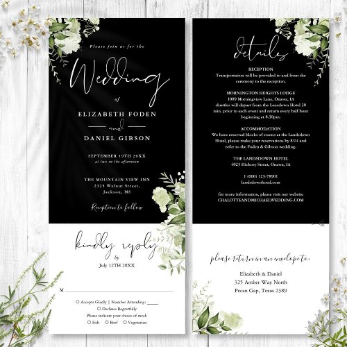 Black White Botanical Greenery All In One Wedding Invitation