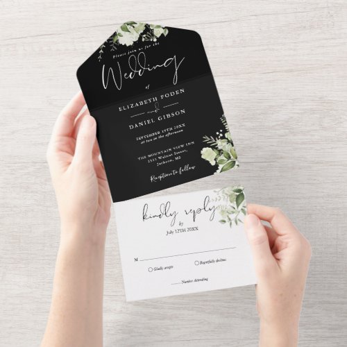 Black White Botanical Greenery Monogram Wedding All In One Invitation