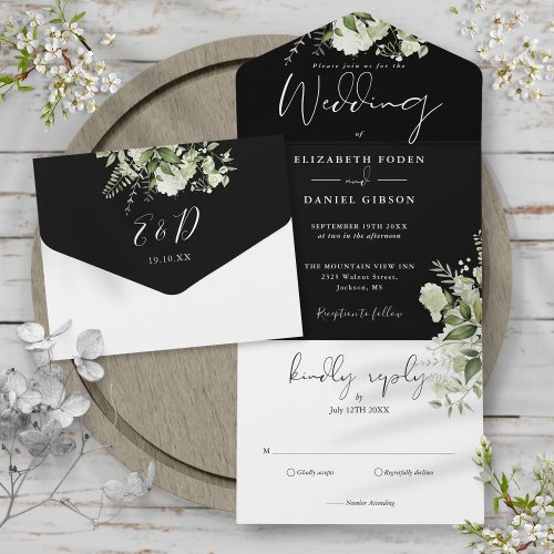 Black White Botanical Greenery Monogram Wedding  All In One Invitation