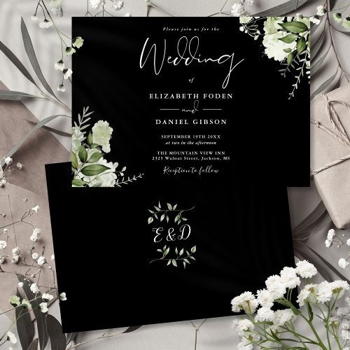 Black White Botanical Greenery Monogram Wedding  Invitation