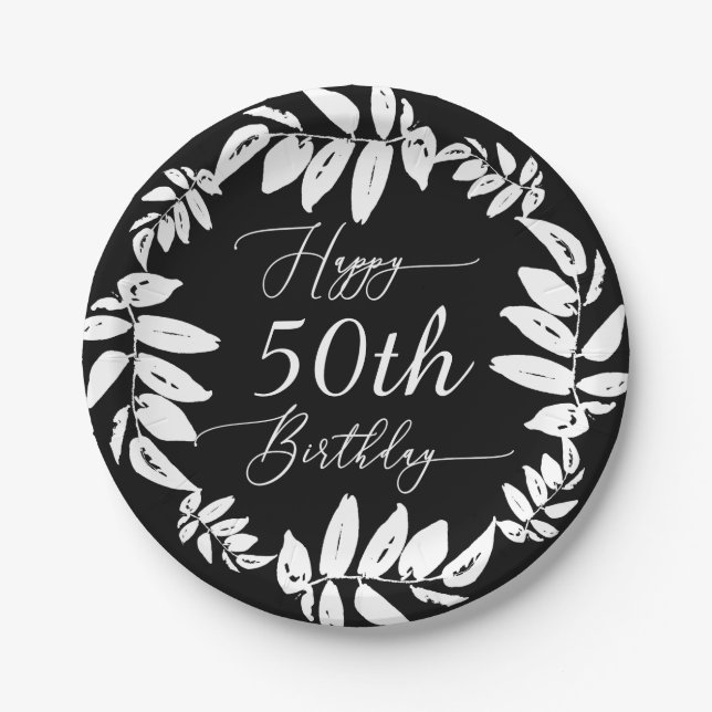 Black & White Botanical Happy 50th Birthday Party Paper Plates (Front)