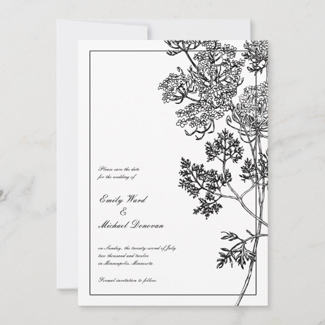 Black White Botanical Illustration Save the Date (Front)