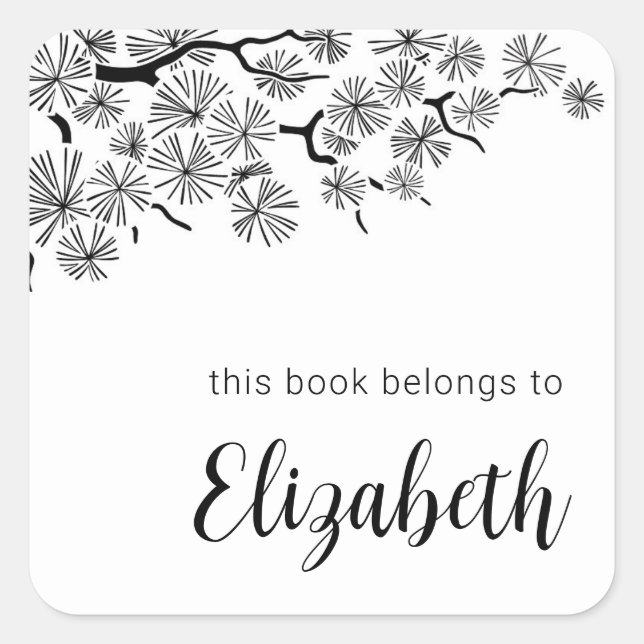 Black White Botanical Pine Branch Bookplate (Front)