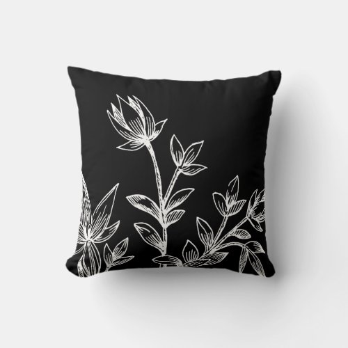 Black  White Botanical  Rhatany Flowers Throw Pillow