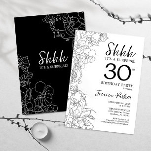 Black White Botanical Surprise 30th Birthday Invitation