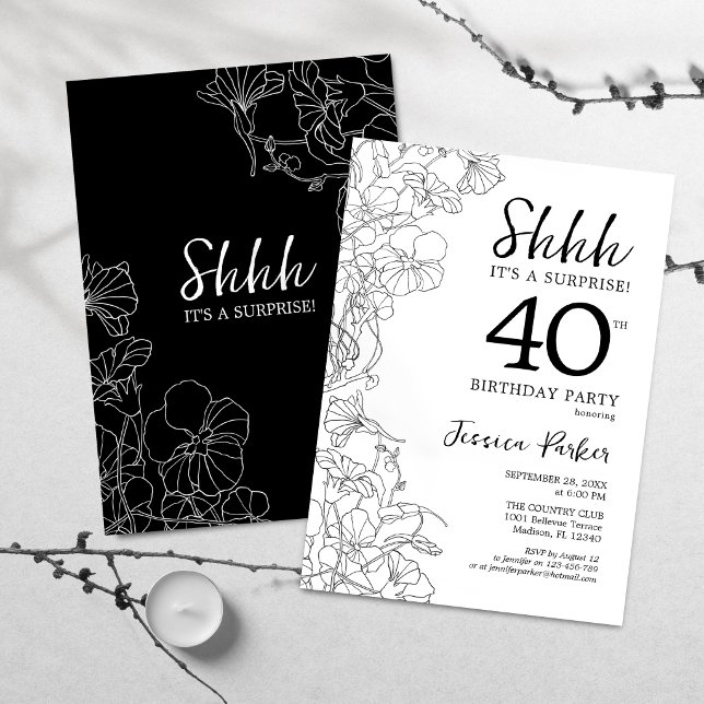 Black White Botanical Surprise 40th Birthday Invitation (Creator Uploaded)