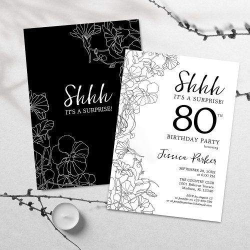 Black White Botanical Surprise 80th Birthday Invitation