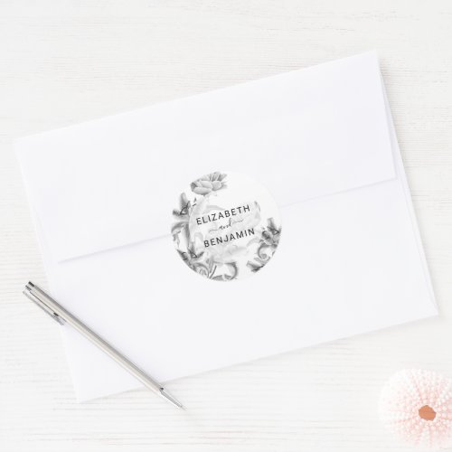 Black White Botanical Wedding Classic Round Sticker - Vintage chic black & white wedding stickers featuring elegant grayscale watercolor florals, and the names of the bride & groom.
