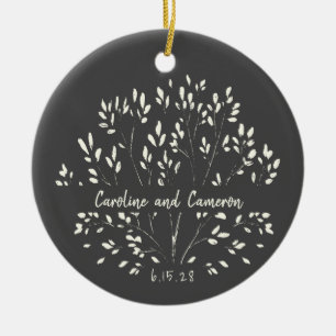 Black White Botanical Wedding Names Date Elegant Ceramic Ornament