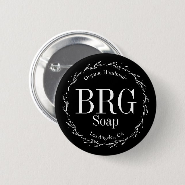 Black White Botanical Wreath Monogram Retail Store Button (Front & Back)