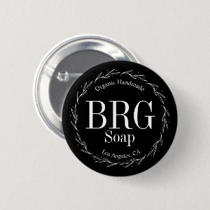 Black White Botanical Wreath Monogram Retail Store Button