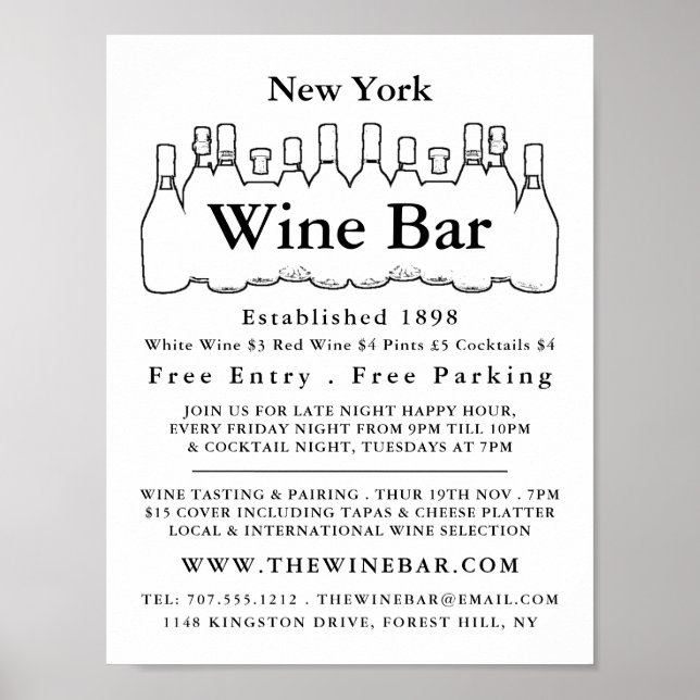 Black & White Bottles, Wine Bar/Winery Advertising Poster (Front)