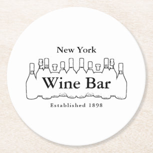 Black & White Bottles, Wine Bar/Winery Round Paper Coaster