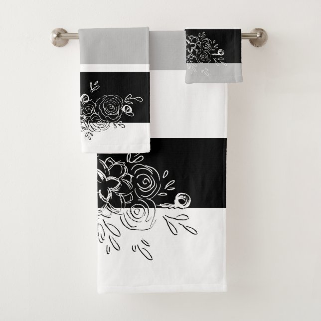 Black White Bouquet Gray Stripes Bath Towel Set (Insitu)